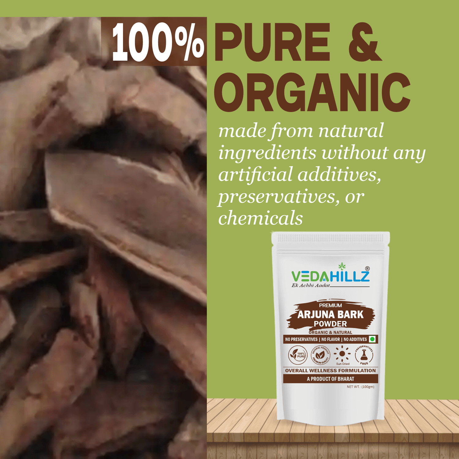 Vedahillz Arjuna Bark Powder Made from Natural Arjuna Tree Bark